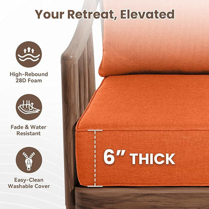 Outdoor Chair Cushions, 6 Inch Thick Patio Seat & Back Cushions Set with Removable Cover, Waterproof Patio Cushions for Outdoor Furniture, 22 x 24 Inch, Orange 6-Set