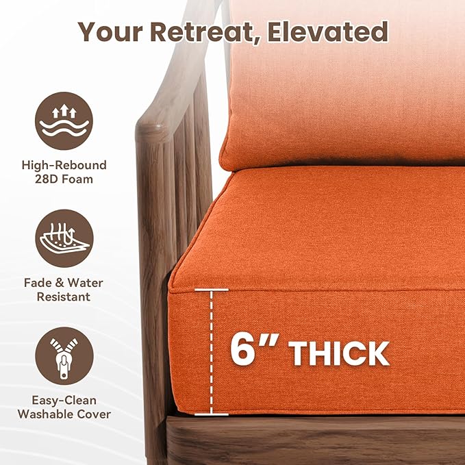 Outdoor Chair Cushions, 6 Inch Thick Patio Seat & Back Cushions Set with Removable Cover, Waterproof Patio Cushions for Outdoor Furniture, 24 x 24 Inch, Orange 3-Set