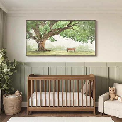 Extra Large Framed Landscape Canvas Wall Art for Living Room - Contemporary Big Tree Shade Sage Green Painting with Park Bench, Nature Artwork Prints for Bedroom Home Office Nursery Hallway 30x60 Inch