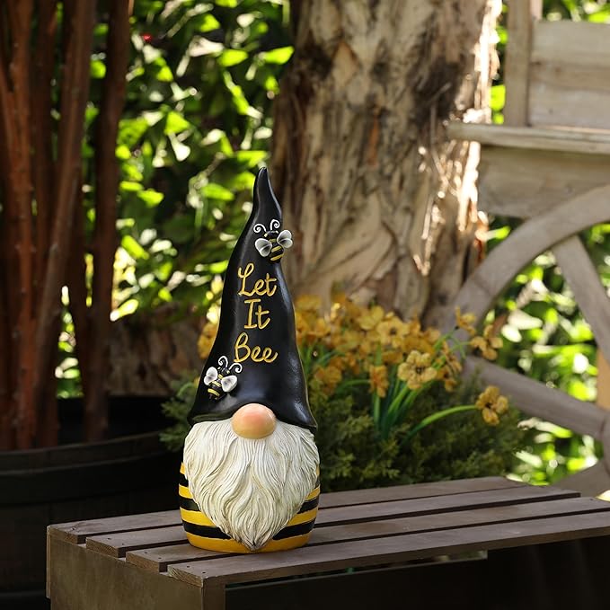 Alpine Corporation 12" H Let It Bee Indoor/Outdoor Garden Gnome Statue, Black/Yellow
