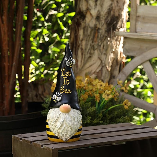 Alpine Corporation 12" H Let It Bee Indoor/Outdoor Garden Gnome Statue, Black/Yellow