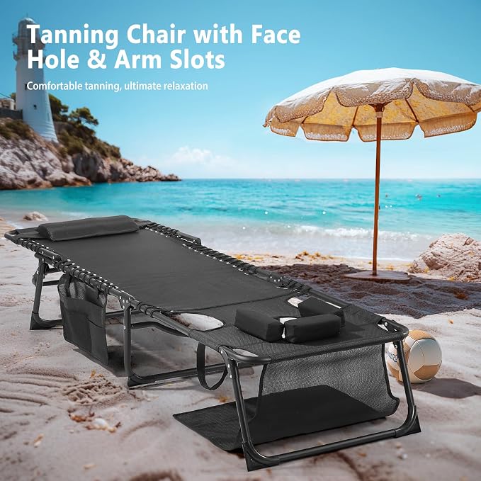 Unovivy Tanning Chairs with Face Hole Set of 2, Teslin Folding Outdoor Lounge Chair with 5-Position Reclining Back for Sunbathing, Pool, Patio, Camping