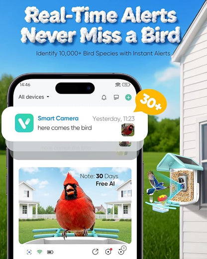 Bird Feeder with Camera Solar Powered - Smart Bird Feeder Camera 2K HD Live Stream, 5MP Photos, AI Identification for Backyard, 2.4Lb Large Capacity, Gifts for Mom Dad, Blue White