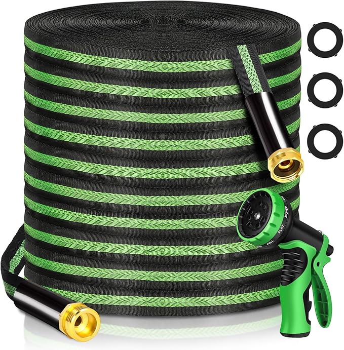 Garden Hose 100 ft Flexible Water Hoses Non-Expanding Lightweight Portable No Kink High Pressure Flat Fabric 3/4” fittings Leak-proof Durable Pipe for Outdoor Outside Yard Lawn Patio Watering Car Wash