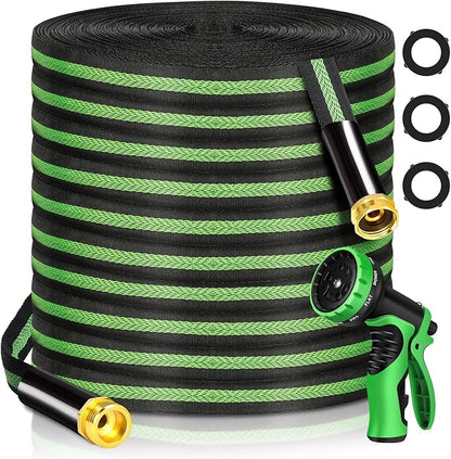 Garden Hose 100 ft Flexible Water Hoses Non-Expanding Lightweight Portable No Kink High Pressure Flat Fabric 3/4” fittings Leak-proof Durable Pipe for Outdoor Outside Yard Lawn Patio Watering Car Wash