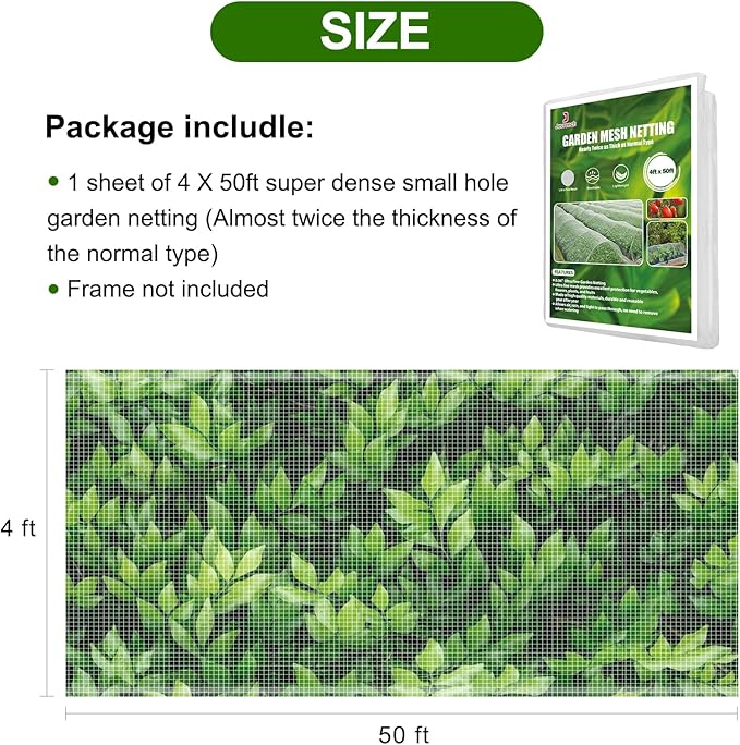 Garden Netting, Jevrench Durable Ultra Fine Garden Netting, Garden Plant Cover Row Cover Makes Plants, Vegetables, Fruits, and Flowers Grow Better (4ft x 50ft)