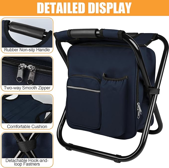 Kikerike Backpack Stool Cooler Chair Heavy Duty 300 LBS Max Load Portable Lightweight Stool Backpack Folding Fishing Cooler Seat for Camping Hunting Fishing - Navy Blue