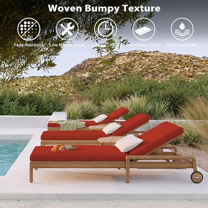 Sundale Outdoor Olefin Chaise Lounge Cushion, Water-Resistant Patio Lounge Chair Cushion, Thick Lounger Pad with 4 Straps Red, 80 x 26 x 4 Inches