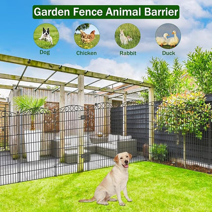 5 Panel No Dig Decorative Garden Fence with Gate - 48in H x 11.4 ft L, Tall Animal Barrier for Dogs Rabbits, Rustproof Metal Wire Panels for Yard, Patio, and Outdoor Border Use