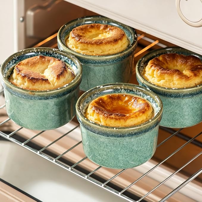 Ramekins 6 oz Oven Safe for Creme Brulee, Souffle Dishes - Ceramic Baking Bowls Set of 4 for Pudding Cups, Custard, Ice Cream, Dips and Appetizers - Moss Green