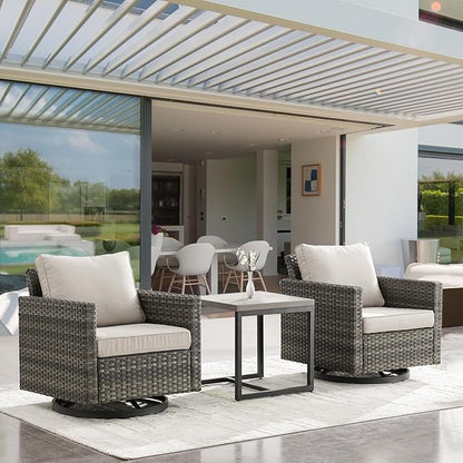 Outdoor Patio Swivel Rocker Chairs - 3 Piece Wicker Patio Furniture Bistro Swivel Rocking Chairs Set with Comfortable Cushions,Sturdy Metal Frame and Side Table for Porch Deck(Mixed Grey/Beige)