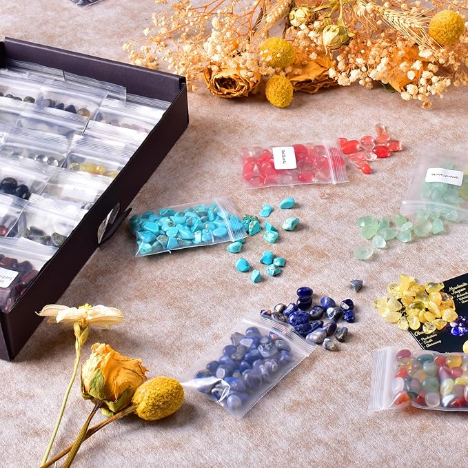 36 Varieties Healing Crystal Chips & Stones Set – 2.5 lbs, 0.3" Natural Polished & Tumbled Gemstones Collection and Small Decorative Rocks for Chakra, Meditation, Reiki, Witchcraft, Crafts