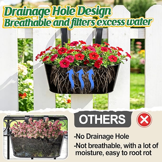 MADHOLLY Railing Planter with Drainage Holes - 6Pcs Sturdy Bucket Pots for Railing Fence, Countryside Style Metal Flower Pots for Herbs Balcony Garden Yard Decor, Black