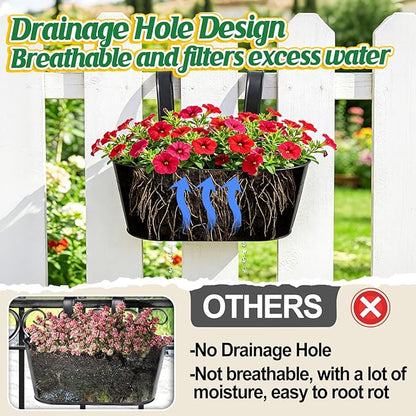 MADHOLLY Railing Planter with Drainage Holes - 6Pcs Sturdy Bucket Pots for Railing Fence, Countryside Style Metal Flower Pots for Herbs Balcony Garden Yard Decor, Black