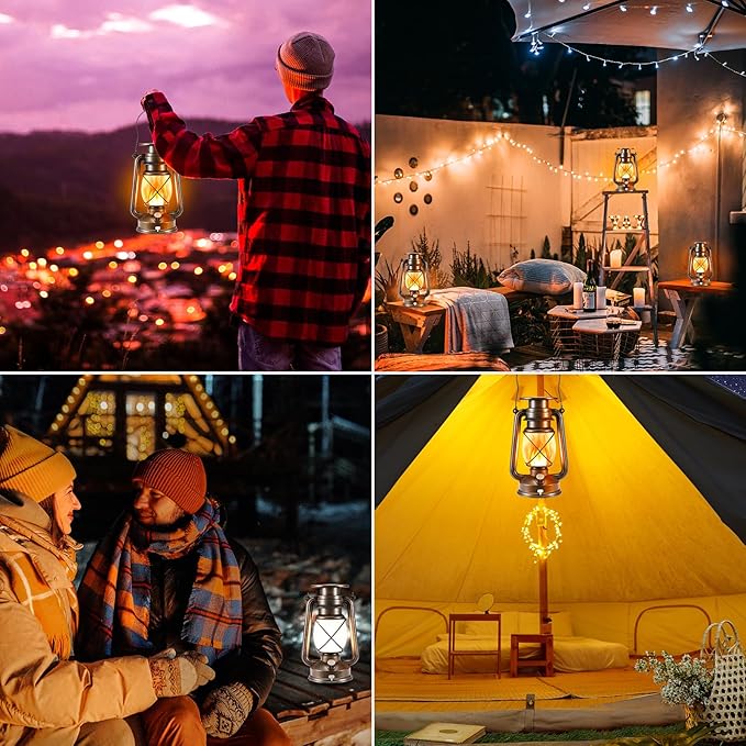 Solar Lantern Outdoor, Hanging Solar Lights Flickering Flame LED Vintage Lantern, Waterproof Camping Lamps, Auto On/Off Landscape Decor for Patio Garden Yard Pathway Porch, Rechargeable Lanterns 2Pack