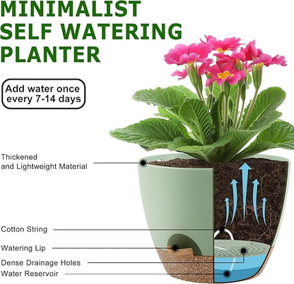 QRRICA Plant Pots 10/9/8 Inch Self Watering Pots, Set of 3 Plastic Planters with Drainage Holes and Saucers,Plastic Flower Pots,Nursery Planting Pot for Indoor Out Door Plants（Green）