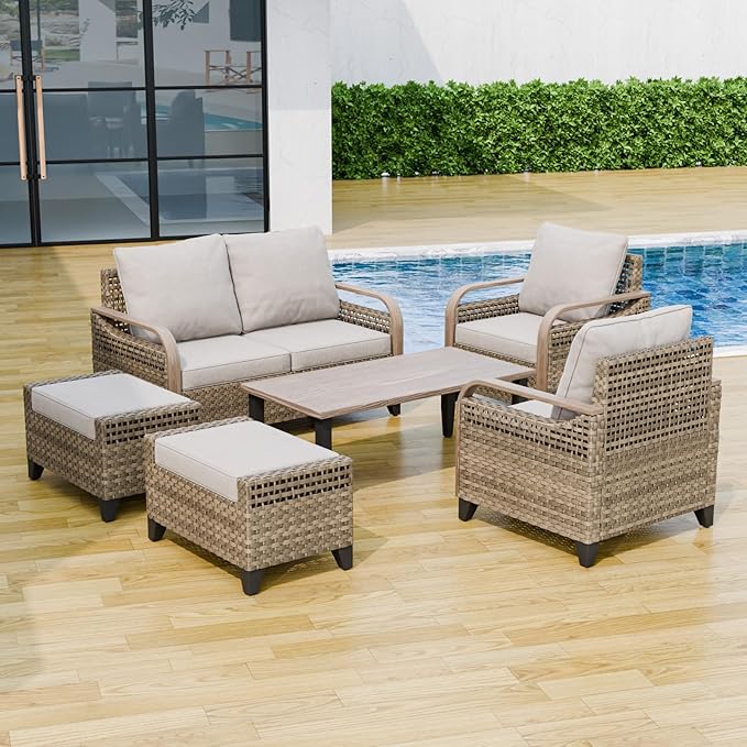 Modern Wicker Patio Furniture Set, Rattan Outdoor Conversation Set with Comfortable Cushions, 2 Patio Chairs, 2 Seat Loveseat, 2 Ottomans and Coffee Table, 6 Pieces, Brown/Gray