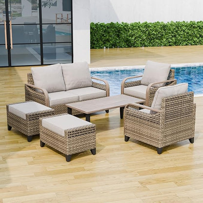 Modern Wicker Patio Furniture Set, Rattan Outdoor Conversation Set with Comfortable Cushions, 2 Patio Chairs, 2 Seat Loveseat, 2 Ottomans and Coffee Table, 6 Pieces, Brown/Gray