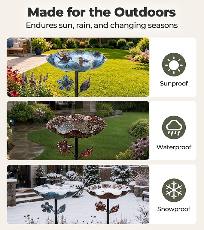 2PCS Metal Bird Bath for Outside, 11” Dia Freestanding Bird Bath Bowl, Upgraded 5 Pronged Base Birdbaths for Outdoors, Standing Bird Feeder Garden Patio Yard Lawn Decor