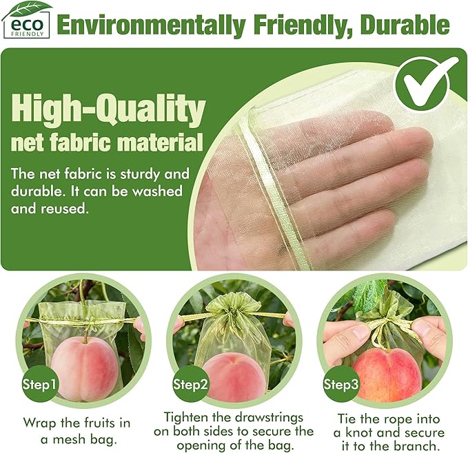 50 Pcs Drawstring Fruit Protection Bags, 6×9 Inch Green Mesh Fruit Net Covers, Anti-Bird Anti-Insect Garden Protective Bags for Fruit Tree, Tomato, Strawberry, Apple, Cherry, Grapes and Vegetables