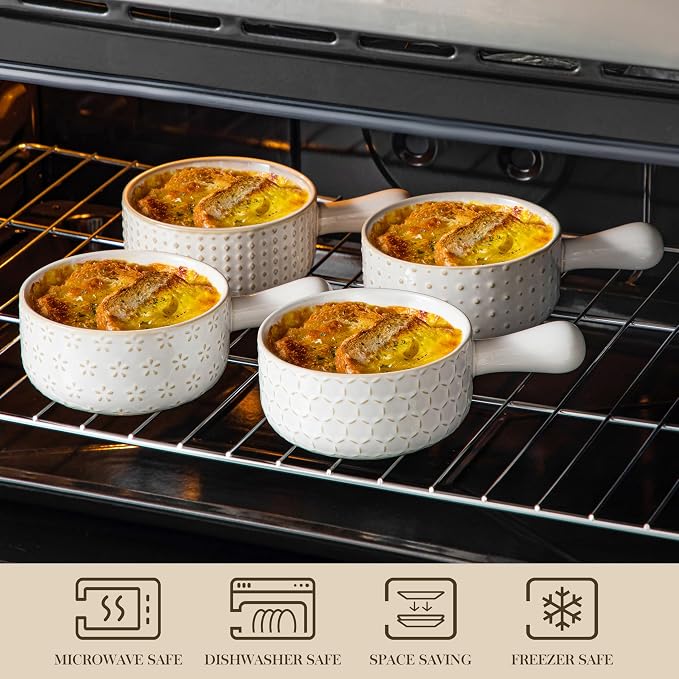 MALACASA French Onion Soup Bowls with Handles - 20 oz Oven Safe Bowls Soup Crocks for Chilli, Beef Stew, Cereal & Pasta - 5 Inch, Set of 4, Series LYDIA