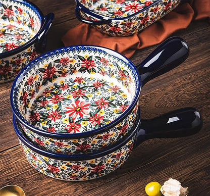 Red Daisy Flower Vintage Style Ceramic Bakeware Casserole Dish Baking Pan Lasagna Pans Baking Dish with Handles for Oven/Cooking/Kitchen-1 PCS-20 OZ