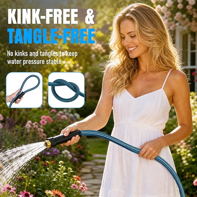 NON-EXPANDABLE Garden Hose 25 ft, Heavy Duty Flexible Water Hose, Kink Resistant Lightweight Hybrid Hose with Durable Fabric Skin, Leakproof Hose Male to Female Fittings