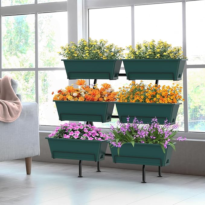 Sunexinlo 3-Tier Vertical Garden Planter with 6 Boxes, 31" Tall Raised Garden Bed with Adjustable Feet for Herbs, Flowers, Vegetables, Ideal for Indoor, Outdoor, Patio, Balcony, Deck Use, Green