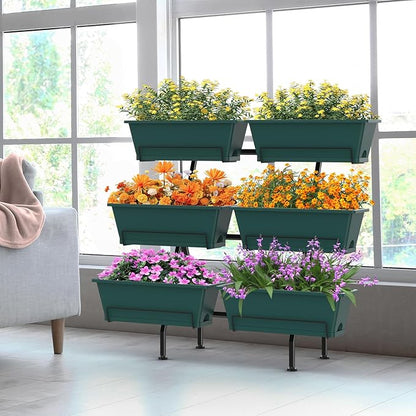 Sunexinlo 3-Tier Vertical Garden Planter with 6 Boxes, 31" Tall Raised Garden Bed with Adjustable Feet for Herbs, Flowers, Vegetables, Ideal for Indoor, Outdoor, Patio, Balcony, Deck Use, Green