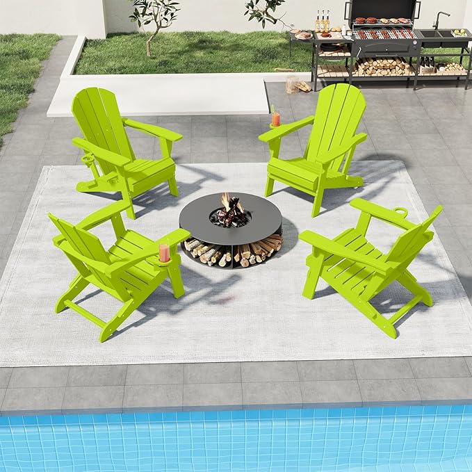 Folding Adirondack Chairs with Cup Holders, Set of 4 HDPE Plastic Outdoor Chairs, Weather Resistant, Real Wood Look, Heavy-Duty Patio Furniture for Deck, Fire Pit, Backyard, Apple Green