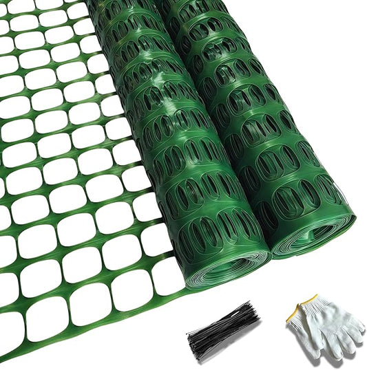 PotatoLife Plastic Mesh Fence Safety Fence, 2 Roll 4'x100' with 100 Zip Ties, Resuable Temporary Netting for Garden Fencing, Construction, Snow Fencing, Animal Barrier, Poultry, Deer, Patio, Green