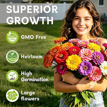 LUOJIBIE Zinnia Seeds for 2026, 15,000+ California Giant Zinnia Seeds Bulk, Double Dahlia Zinnia Mixed Color Seeds, Flower Seeds for Planting Outdoor Garden, Non-GMO Heirloom, Easy to Grow
