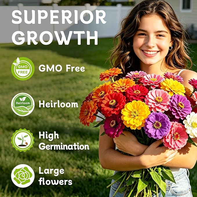 LUOJIBIE Zinnia Seeds for 2026, 10,000+ California Giant Zinnia Seeds Bulk, Double Dahlia Zinnia Mixed Color Seeds, Flower Seeds for Planting Outdoor Garden, Non-GMO Heirloom, Easy to Grow