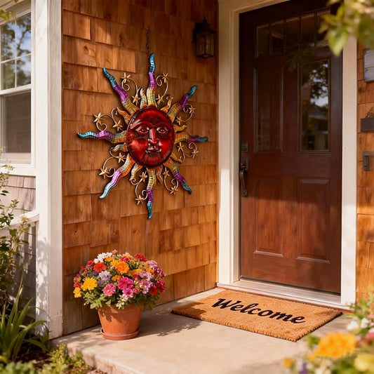 TERESA'S COLLECTIONS Outdoor Sun Metal Wall Art for Outdoor Decor,32" Red Sun Face 3D Wall Decor for Garden Decor,Rustic Retro Hanging Sculpture for Outside indoor Home Patio Farmhouse Gifts for Mom