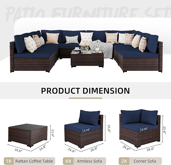 UPHA 9 Pieces Patio Furniture Sets Outdoor Sectional Sofa Wicker Conversation Couch for Decks, Backyards, Gardens, Brown Rattan, Navyblue Cushion