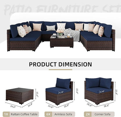 UPHA 9 Pieces Patio Furniture Sets Outdoor Sectional Sofa Wicker Conversation Couch for Decks, Backyards, Gardens, Brown Rattan, Navyblue Cushion