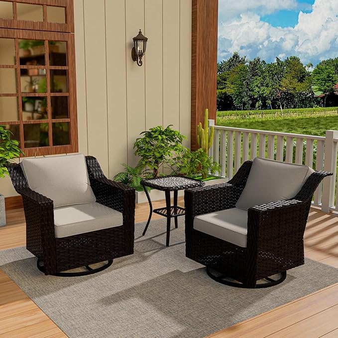 VistaVibe 3 Pieces Outdoor Patio Conversation Furniture Set - 360 Degree Swivel Glider Rocker Chairs | Wicker End Table, Washable Cushions, Hand-Woven PE Rattan, Lawn, Sunroom (Brown/Beige)