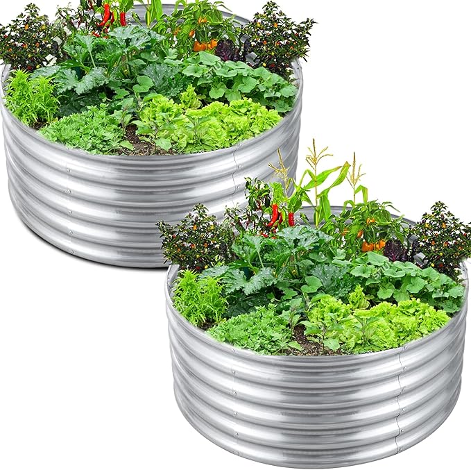 FORTUNO 2 Pcs 17" Tall 4 Ft Round Raised Garden Bed Box Galvanized Metal Outdoor High Flower Bed Steel Patio Ground Planter for Planting Vegetables and Herbs, Silver