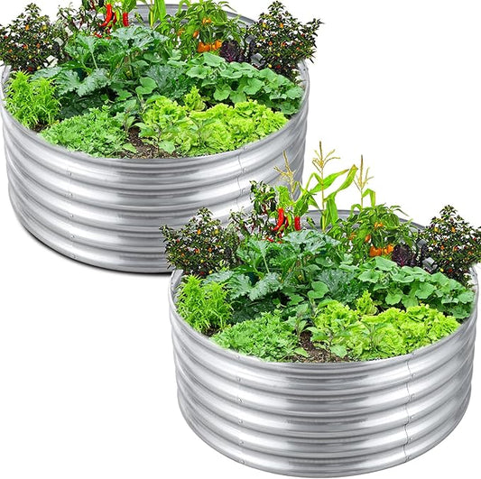 FORTUNO 2 Pcs 17" Tall 4 Ft Round Raised Garden Bed Box Galvanized Metal Outdoor High Flower Bed Steel Patio Ground Planter for Planting Vegetables and Herbs, Silver