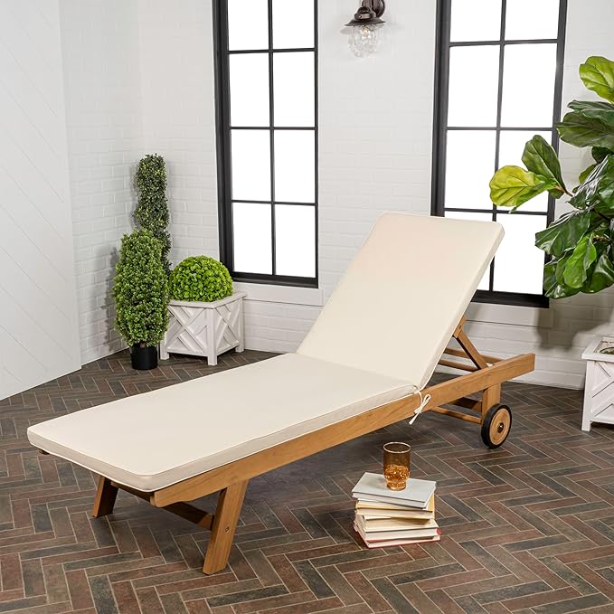 JONATHAN Y LNG1000A Mallorca 77.56"x23.62" Modern Classic Adjustable Acacia Wood Chaise Outdoor Lounge Chair with Cushion & Wheels Coastal, Bohemian, Minimalist, Traditional, White/Natural
