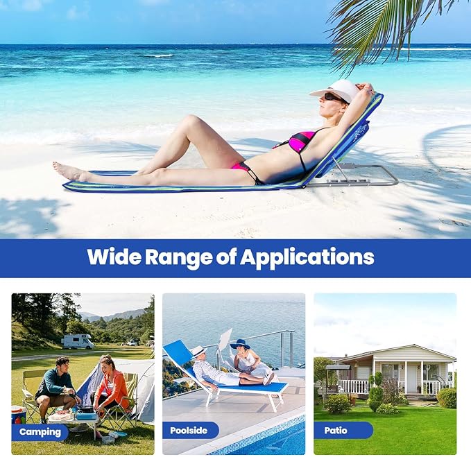 Giantex Beach Chairs for Adults 2 Pack Set with Side Table, 5 Position Adjustable Folding Lawn Chair for Sunbathing, Patio Chaise Lounge Lightweight Backpack Camping Chairs (Stripe)