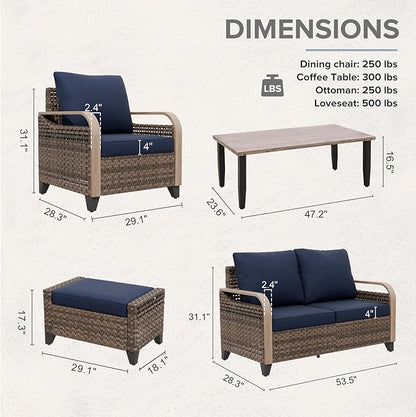 COOS BAY Modern Wicker Outdoor Furniture Set, Patio Conversation Set with Patio Chairs, 2 Seat Loveseat, Ottomans, and Coffee Table, 6 Piece, Brown/Blue