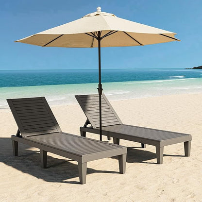 Outdoor Lounge Chairs Set of 2, 5-Position Adjustable Tanning Chairs with Wood Grain, All-Weather Resin Patio Recliners for Pool, Garden, Deck, Beach, Patio Lounge Chairs, Texture Grey