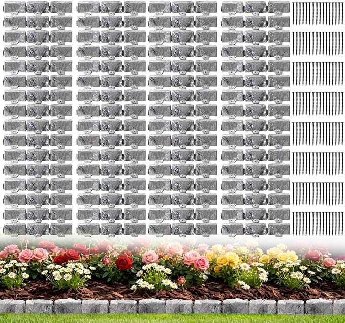 Landscape Edging Garden Edging Border Faux Stone Edging,91FT x 2.75 in Tall Decorative Stone-Look Garden Border for Flower Bed Edging,Yard Edging,Lawn Trees and Gardens,with Anchoring Spikes,Gray