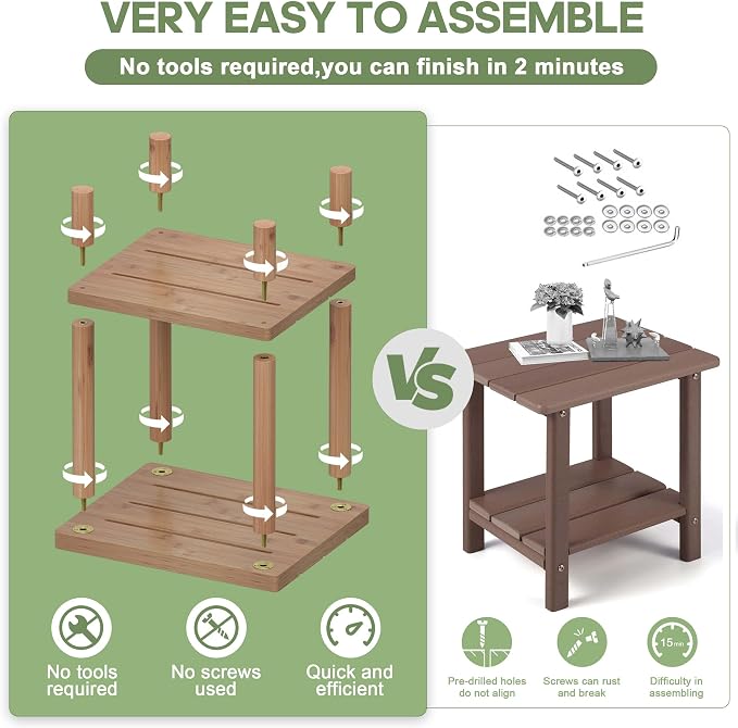 LEJANEOYE Outdoor Side Table, 2-Tier Small Outdoor Table for Patio, Adirondack Side Tables for Outside or Indoor, Bamboo End Table for Pool, Porch, Weather Resistant Easy Maintenance
