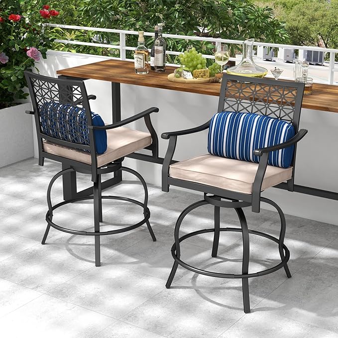 COSTWAY Outdoor Bar Chair Set of 2, 24.5 Inch Swivel Counter Height Bar Stools with Footrest, Seat Cushions & Lumbar Pillows, Metal Dining Bar Chairs for Patio, Backyard, Poolside (2)