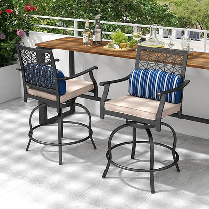 COSTWAY Outdoor Bar Chair Set of 2, 24.5 Inch Swivel Counter Height Bar Stools with Footrest, Seat Cushions & Lumbar Pillows, Metal Dining Bar Chairs for Patio, Backyard, Poolside (2)