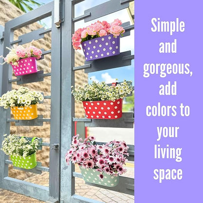 LaLaGreen Outdoor Hanging Planter (11.2 Inch, 6 Pack) Light Blue, Neon Pink, Dark Purple, Yellow, Red Cute Metal Iron Flower Pots Bucket Colorful Polka Dot Herb Deck Railing Fence Bucket Patio Decor