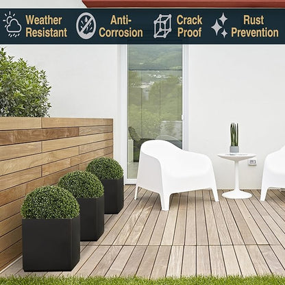 Wallowa Metallic Heavy Cube Planter Box, No Assembly Required, Seamless Large Black Outdoor Planter 17”Lx17”Wx20”H 24Pounds Black with Hand Brushed Gold Rim