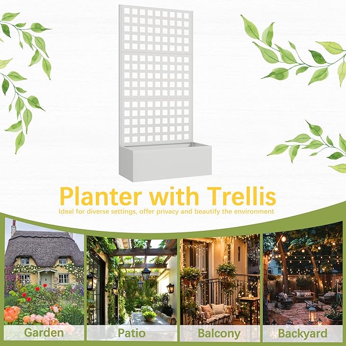 Metal Planter Box with Trellis, 71"x 35"x 16" Raised Garden Bed with Trellis, Planter Box Trellis with Privacy Screen and Drainage Holes, White
